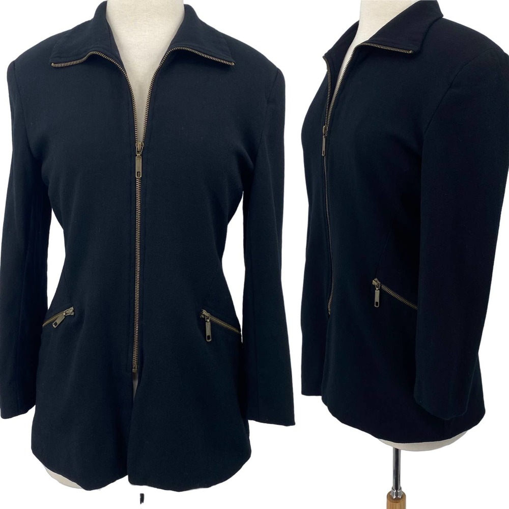 Vintage 90s Henri Bendel Wool Jacket Front Zip Up Collared Black Womens 10